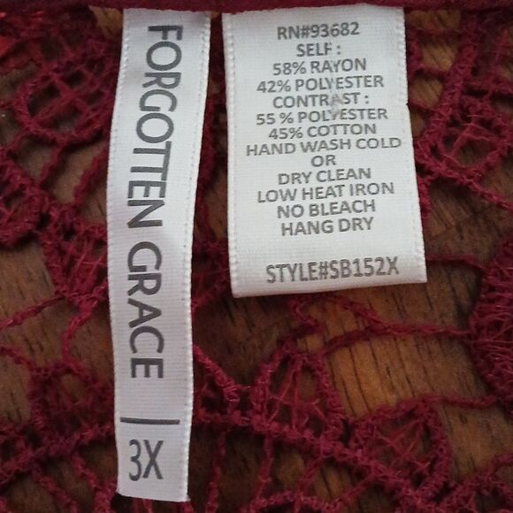 Forgotten Grace wine color crochet tunic blouse bell sleeve  Sz 3X - Picture 7 of 7